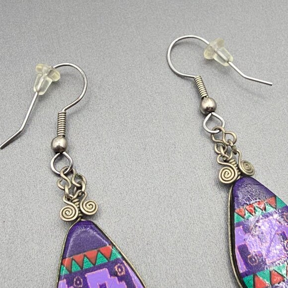 VTG Purple Southwestern Dangle Drop Earrings Beaded Fringe Tribal Pattern Design - Picture 4 of 7